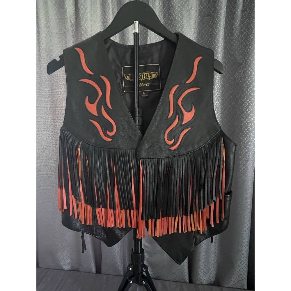 Unik Ultra Leather Biker Vest Black Women Large Orange Tribal Fringe & conchos